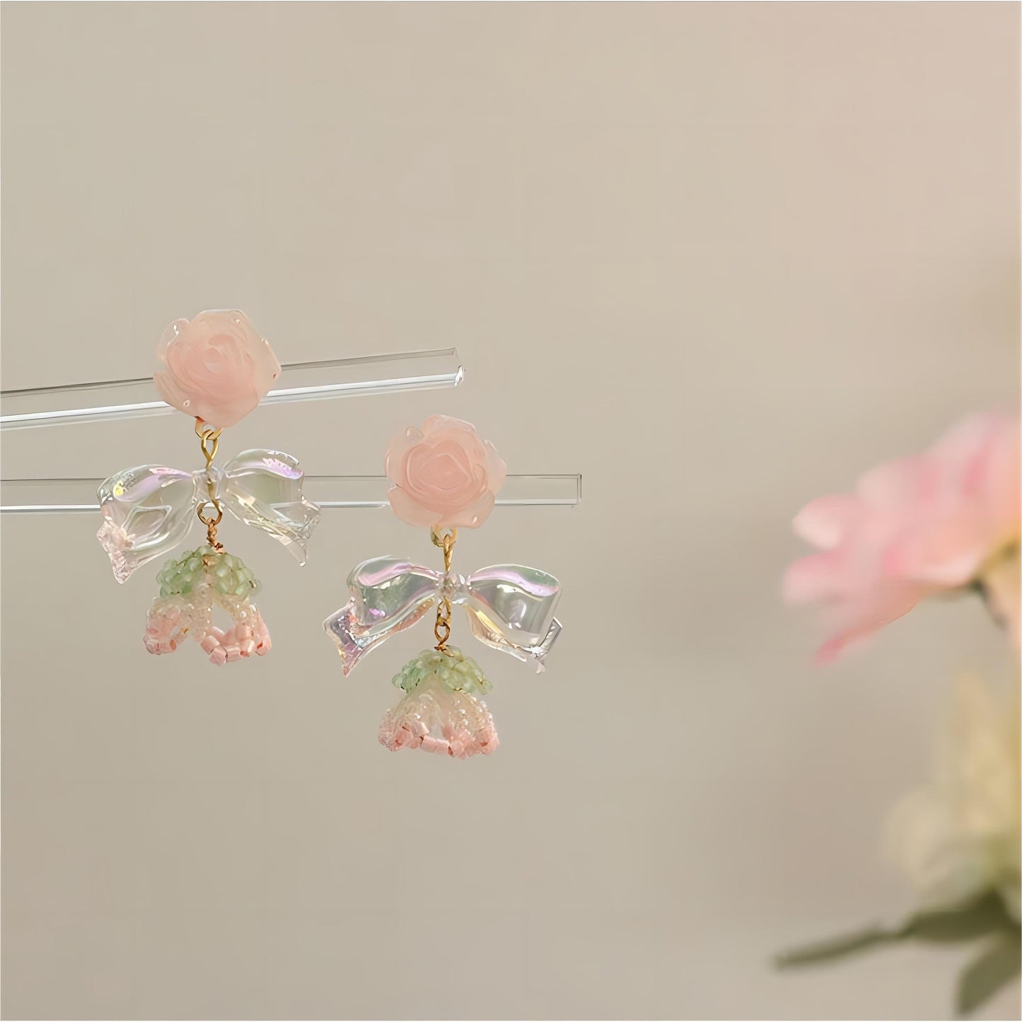 Chic Seed Beaded Floral Bowknot Rose Earrings