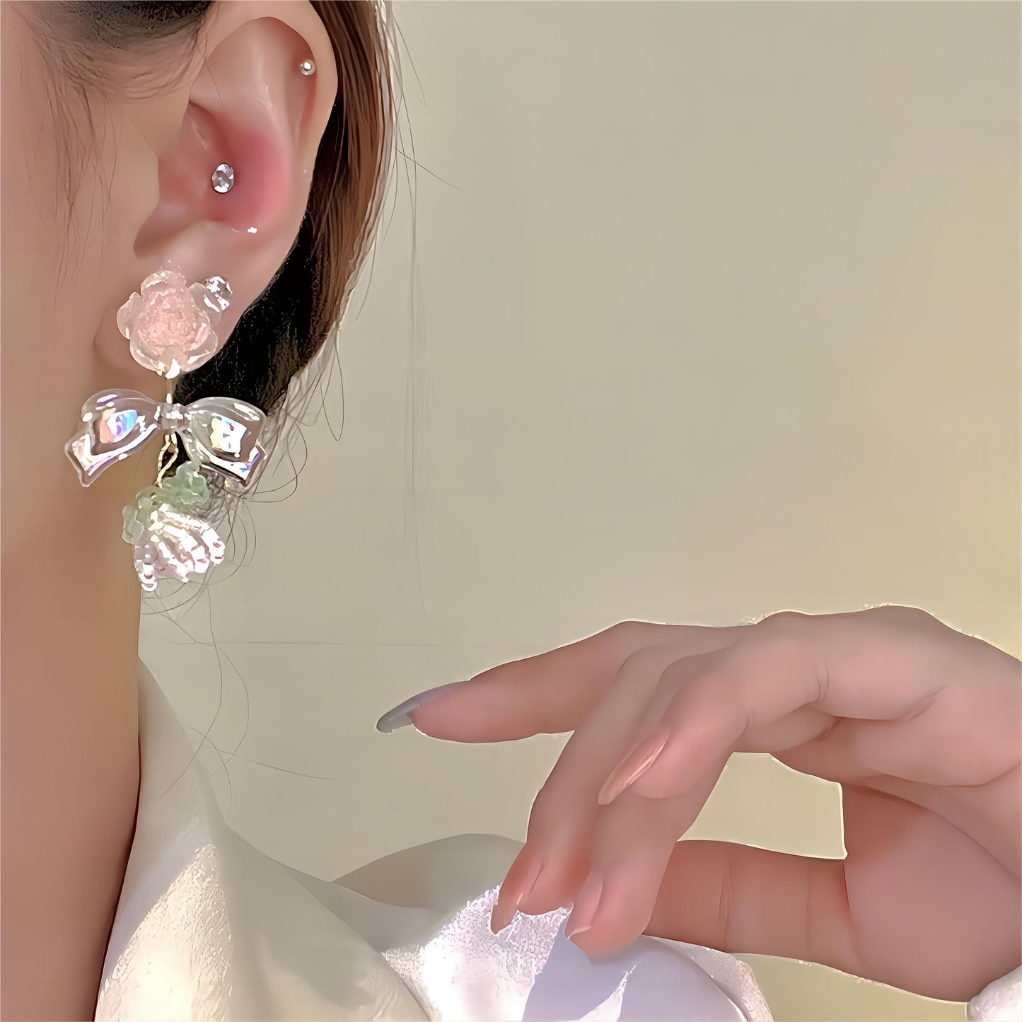 Chic Seed Beaded Floral Bowknot Rose Earrings