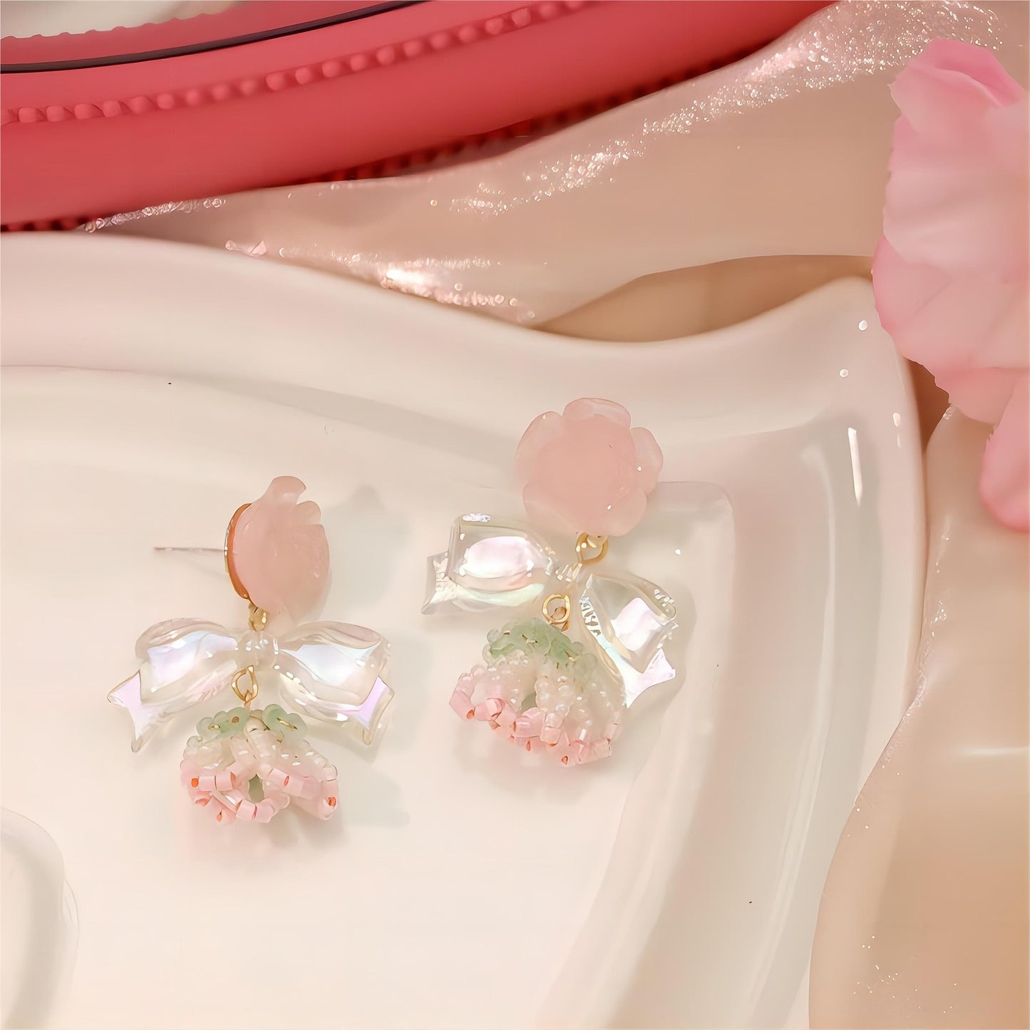 Chic Seed Beaded Floral Bowknot Rose Earrings