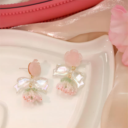 Chic Seed Beaded Floral Bowknot Rose Earrings