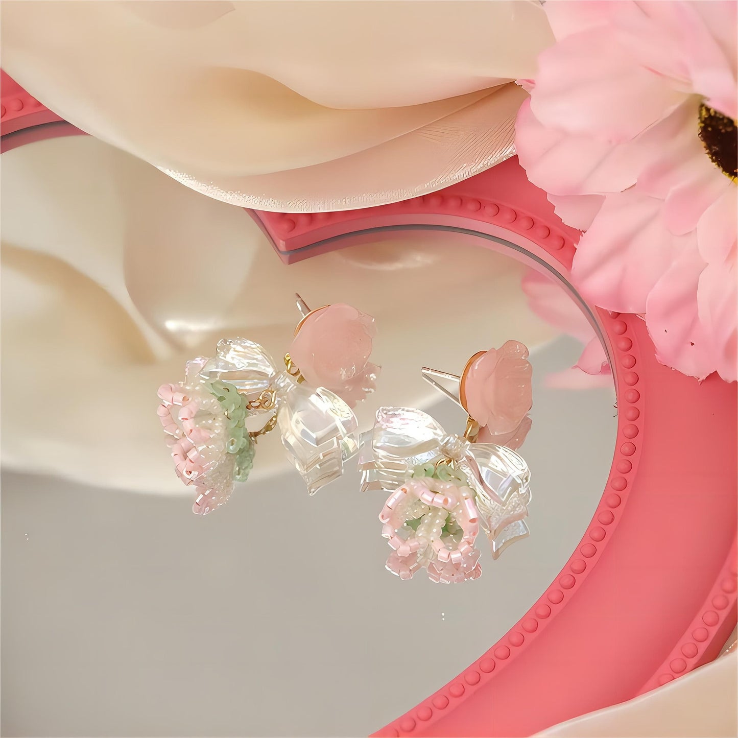 Chic Seed Beaded Floral Bowknot Rose Earrings