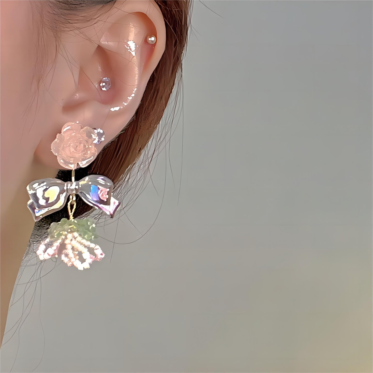 Chic Seed Beaded Floral Bowknot Rose Earrings