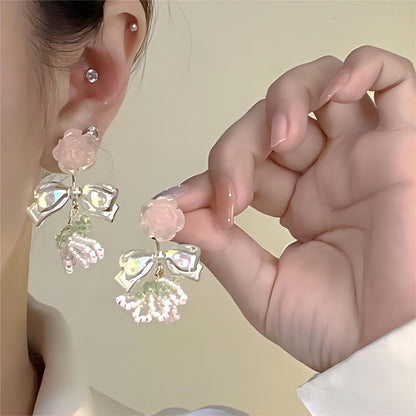Chic Seed Beaded Floral Bowknot Rose Earrings