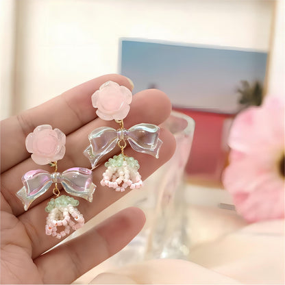 Chic Seed Beaded Floral Bowknot Rose Earrings