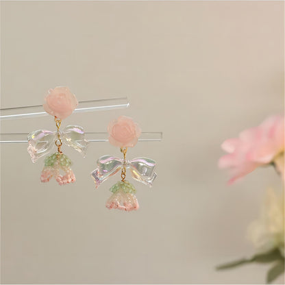 Chic Seed Beaded Floral Bowknot Rose Earrings