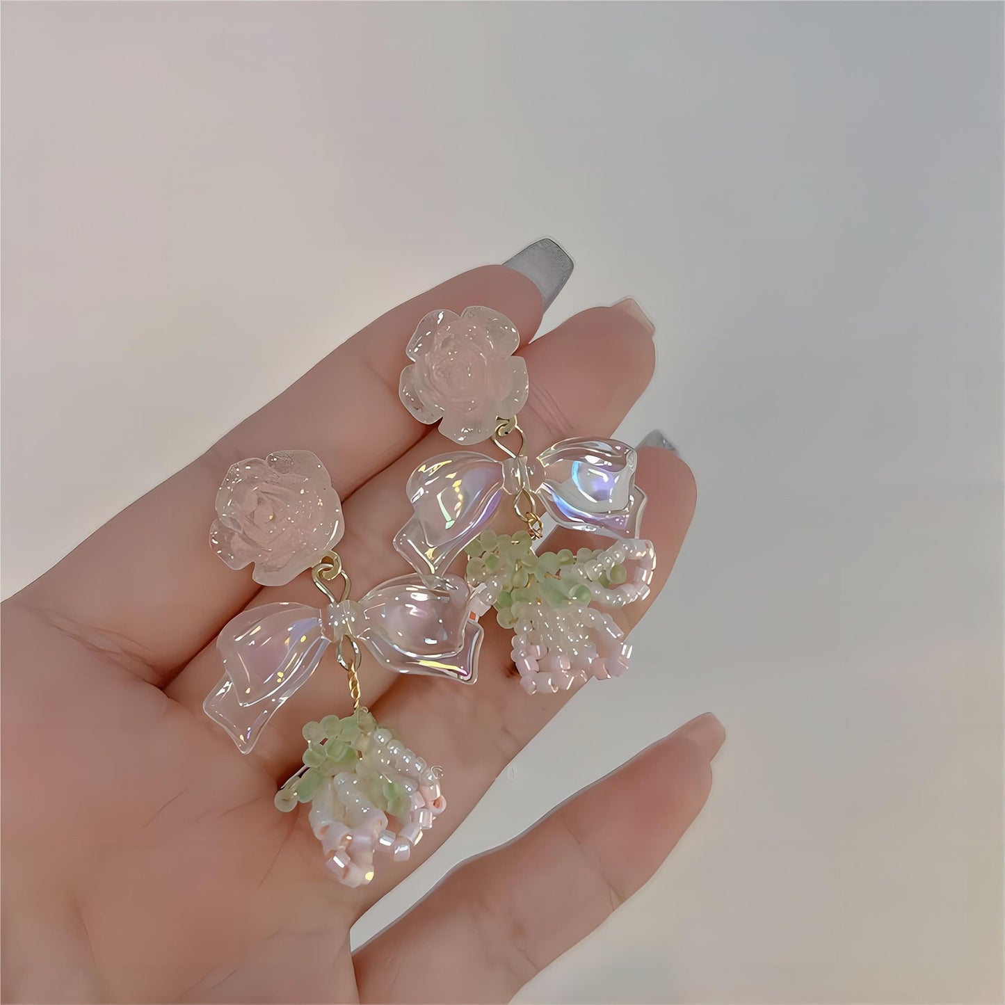 Chic Seed Beaded Floral Bowknot Rose Earrings