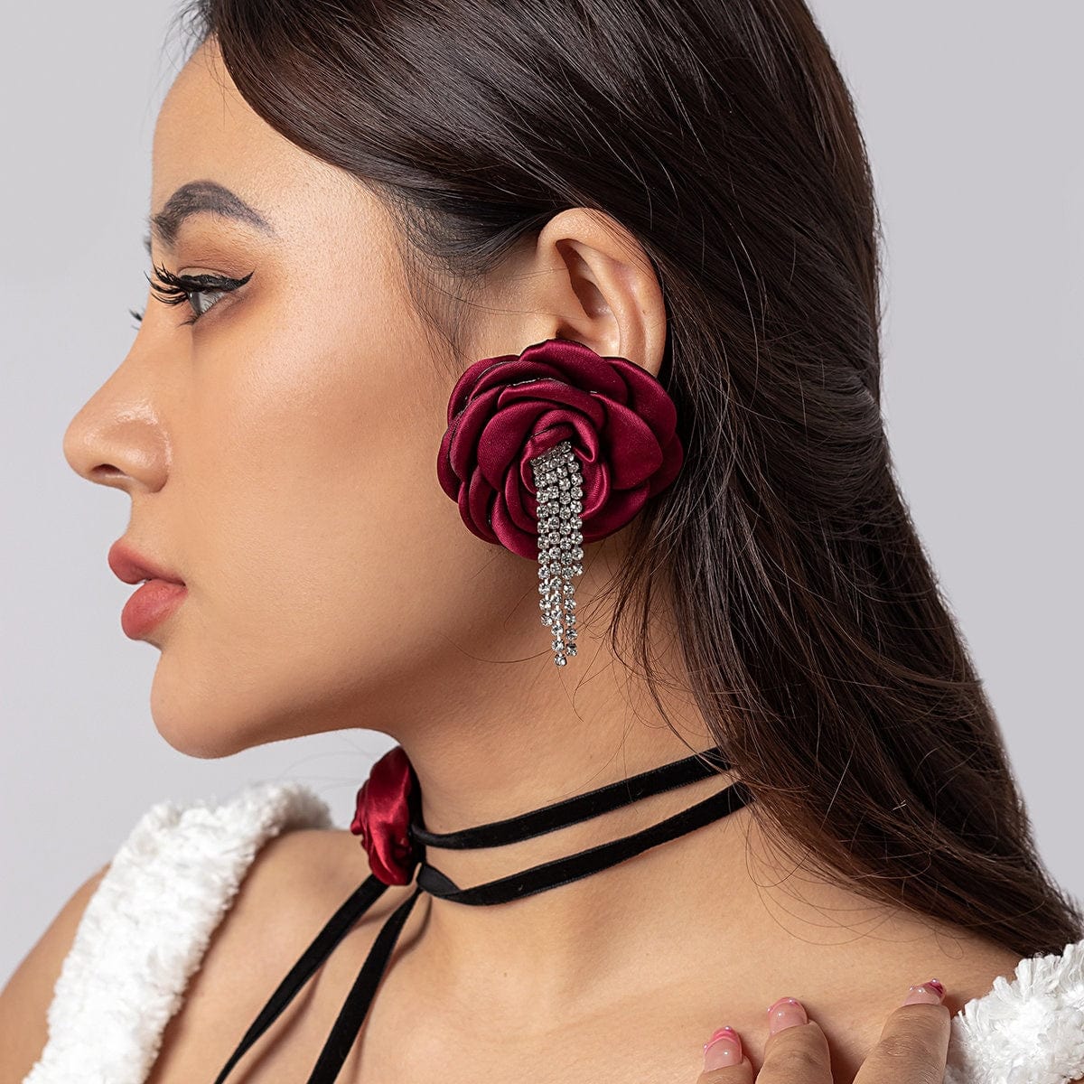 Chic Silk Flower Box Chain Earrings