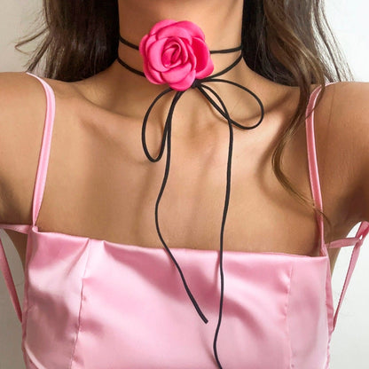 Chic Silk Rose Flower Leather String Collar Choker