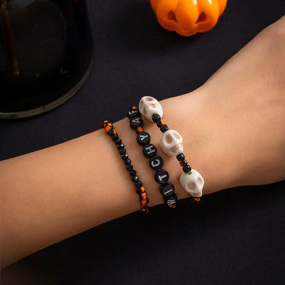 Chic Skull Letter Charm Crystal Seed Beaded Stackable Bracelet Set